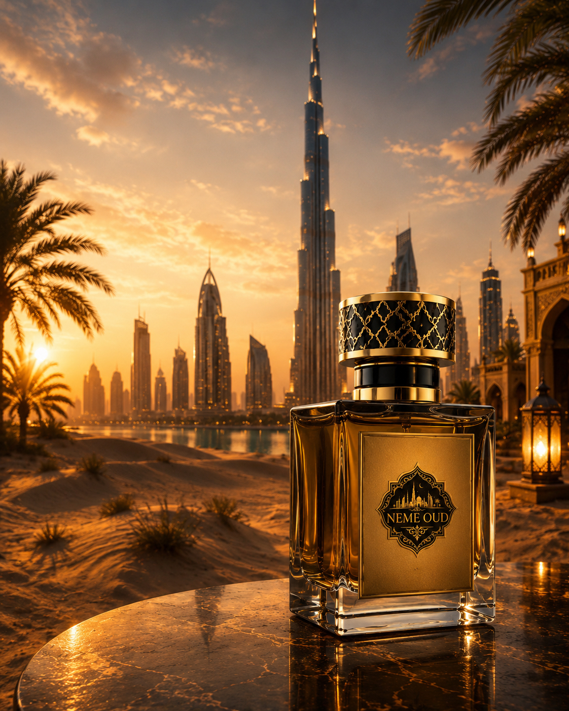 NEME OUD parfymeflaske mot Dubai-skyline i gylden time